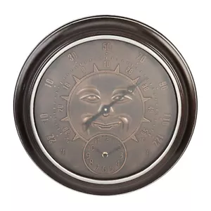 Garden Wall Clock & Thermometer Bronze Effect Outdoors Smiling Sun Dial - Picture 1 of 5