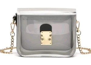 Women's Stadium Approved Clear Purse Bag, See Through Clear Gold Chain Accents - Picture 1 of 7