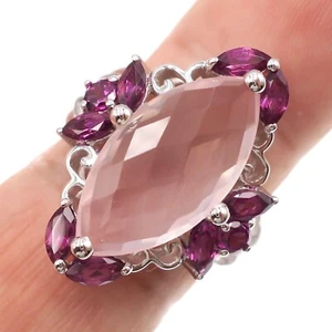 Fabulous 14k Solid White Gold Natural Marquise Rose Quartz & Garnet Ring Size 9 - Picture 1 of 6