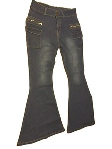 Women's Low Rise Jeans XL Bell Flair Bottom Leg Stretch Dark Blue New - Picture 1 of 5