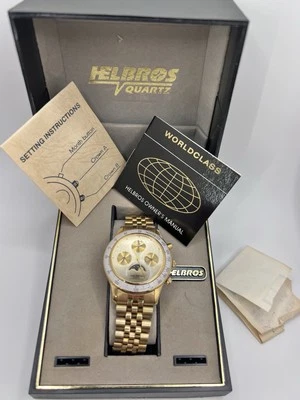 Vintage New Old Stock Helbros Tachymeter Moonphase Gold Tone Classy Unique Watch - Image 1 of 4