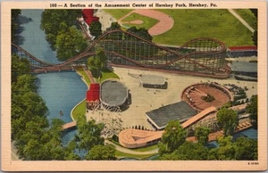 Postal de colección Hershey Park Pennsylvania vista aérea / montaña rusa / lino - Imagen 1 de 2