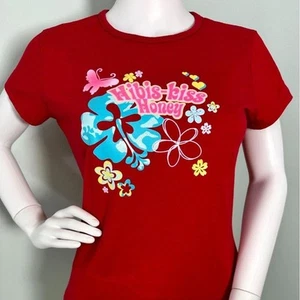 Y2K Hibis-Kiss Honey Graphic Baby Tee Red Tropical Hibiscus Floral T-Shirt S - Picture 1 of 3