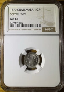 1879 Guatemala 1/2 Real Scroll Type NGC MS66 Graded Silver Coin - Picture 1 of 4