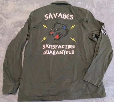 Forever 21 Savage 衬衫男式大号绿色纽扣补丁棉质帆布 — 第 1/4 张图片
