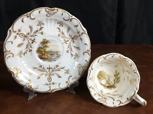 Antike Davenport Teetasse Untertasse Set vergoldet handbemalt Landschaft England 1850er - Bild 1 von 14