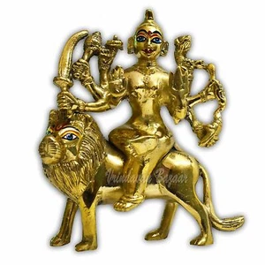 Durga mata on Lion Brass Idol; Height=6 inch - Picture 1 of 3