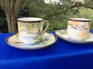 Antique Set of 6 Demitasse Teacup & Saucer Kutani Japanese WHOOPING CRANE ❤️j8 - Picture 1 of 9