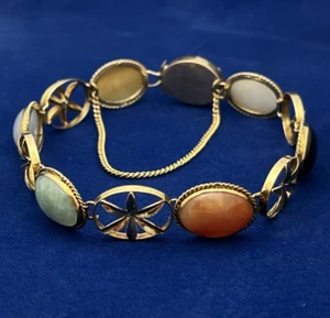 14K Gelbgold Floral sechs Multi Color Oval Cabochon Jade Armband 8 Zoll - Bild 1 von 12