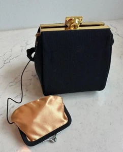 Elegant Ingber 1940s Vintage Black Evening Bag w/ Strap Gold Clasp Change Purse - Picture 1 of 9
