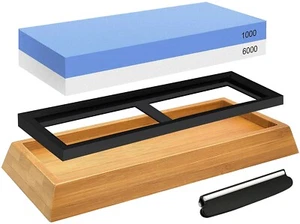 Dual Whetstone Sharpening Stone 1000/6000 Grit - with Bamboo Base & Angle Guide - Picture 1 of 11