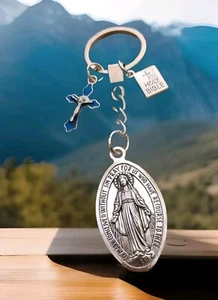 Religious keepsake gift Saint Mary pendant blue cross Holy Bible rhodium keyring - Picture 1 of 4