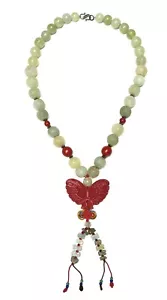 CHINESE HAND CARVED JADE BEADS & BUTTERFLY PENDANT - CARNELIAN BEADS - NECKLACE - Picture 1 of 8
