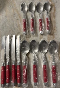 Stainless ZXS-18 red plastic handle & stainless silverware 12pc knives & spoons - Picture 1 of 4