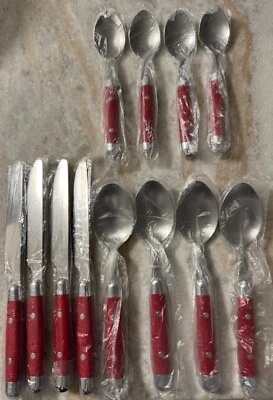 Stainless ZXS-18 red plastic handle & stainless silverware 12pc knives & spoons - Image 1 of 4