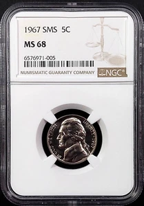 1967 SMS Jefferson Nickel certified MS 68 by NGC! sku 71005 - Picture 1 of 4