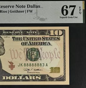 2009 $10 Federal Reserve Note PMG Gem 67EPQ - Near Solid Serial Number 88888883 - Picture 1 of 3