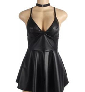 Sexy Black Leather Nightgown Dress Set Gothic Grunge Y2K Choker Necklace 16 NEW - Picture 1 of 10