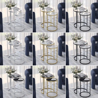 2 Piece Round Nesting Side Tables Set Tempered Glass Top Metal Leg Coffee Tables - Image 1 of 2
