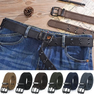Unisex Cotton Canvas Belt Double Row Needle Buckle Woven Belt Fashion Casual NEW - Picture 1 of 21