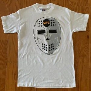 Vtg 1990 Michigan Tech MTU Hockey T Shirt Sz S/M Goalie Mask Huskies Chalk Line - Picture 1 of 4
