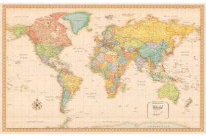 100×70cm World Map Poster Map of The World Prinet Classic Tone Wall Decoration - Picture 1 of 10