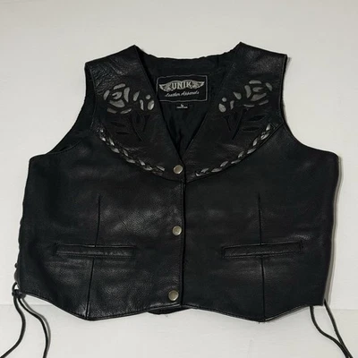 UNIK Womens Size Large Black Leather Vest Silver Roses Motorcycle Lace Up Sides - Image 1 of 4