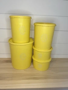 5er Set gelbe Tupperware Servier Kanister mit Starburst Deckel Vintage stapelbar - Bild 1 von 16
