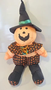 Halloween Stuffed Pumpkin Witch Orange Black Hat Collar Bow Parachute Material - Picture 1 of 7