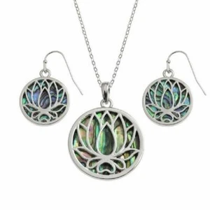 Lotus Flower Abalone Paua Shell Silver Pendant Necklace Set from BellaMira - Picture 1 of 3