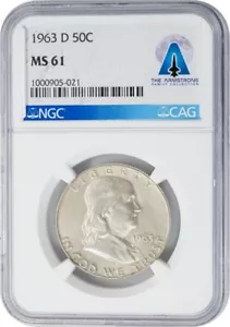 1963-D Franklin Half 50c Armstrong Family Collection MS61 NGC 949806-1 - Foto 1 di 4