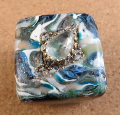 Jena's Handmade Clay Jeweled Blue Glass Charm Backgammon Doubling Cube OOAK#245 - Image 1 of 4