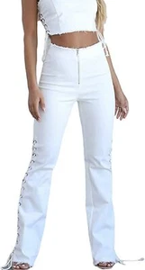 Women's Retro High Waist Lace Up Frayed Raw Hem Bootcut Bell Bottom Jeans PantsL - Picture 1 of 5