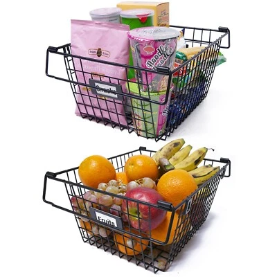 Cestas de alambre de almacenamiento de cesta de frutas con tapa de madera 2 piezas, apilables montadas en la pared Foto 1 de 4