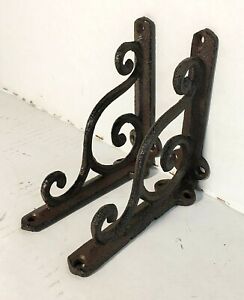 SET OF 2 SMALL RUSTIC  BROWN SCROLL BRACE BRACKET vintage looking patina finish