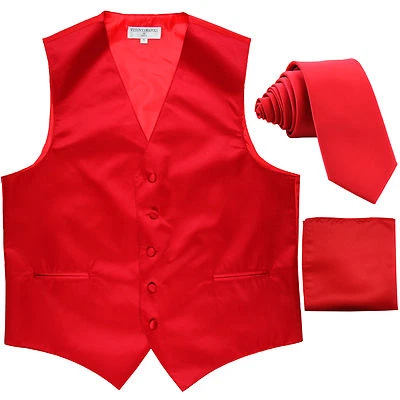 New Men's Vesuvio Napoli slim fit Tuxedo Vest_2.5" Skinny Necktie & hankie RED - Image 1 of 4