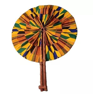 AFRICA Multi Color Kente Folding FAN Leather Handles PortableFan .12" unfolded - Picture 1 of 16