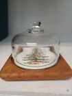 GoodWood CHRISTMAS  Glass Dome Teak Wood Cheese Dish Plate Lid RETIRED