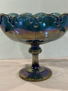 Vintage Indiana Blue Iridescent Carnival Glass Footed Compote Garland Fruit Bowl - Picture 1 of 6