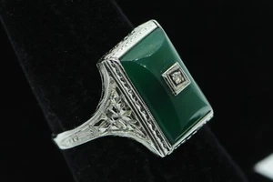 Art Deco Style L. Baum (c) 14K White Gold Chrysoprase with Diamond Ring (6 1/4) - Picture 1 of 11