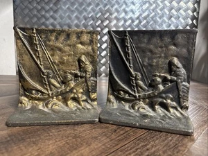Vtg Set of 2 Brass (or Cast Iron) Bookends Nautical Theme Sailboat Fishermen - Picture 1 of 6