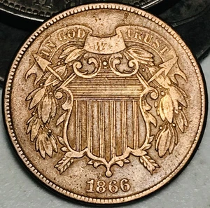 1866 Two Cent Piece 2C Ungraded Choice US Copper Coin CC28136 - Picture 1 of 4