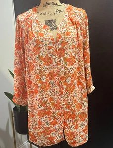 Bluse rosa + oliv geblümt Größe 1X Pullover 3/4 Ärmel V-Ausschnitt orange - Bild 1 von 10