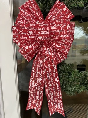 Handmade Large Red and White Heart Valentines Day Bow for Wreath 10 x 16 in. - Image 1 of 4