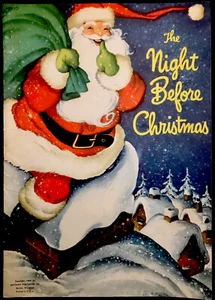 NIGHT BEFORE CHRISTMAS ~1940’s Large Children's Lithograph picture Linen book - Picture 1 of 6