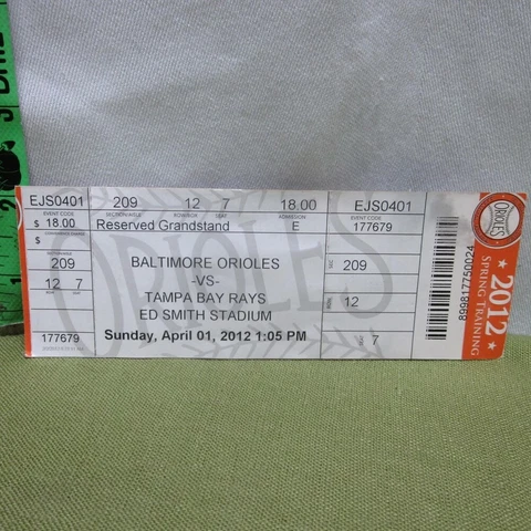 BALTIMORE ORIOLES ticket stub Tampa Bay Rays 2012 Spring Training Cover