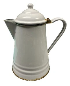Vintage White Enamel Coffee Pot or Percolator Enamelware, 11" with Hinged Lid - Picture 1 of 7