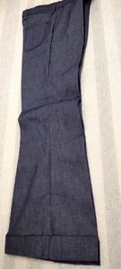 1970s Wide Denim Bell Bottoms Blue Waist 36 Cuffed Leg Disco Pants Sailor Style - Picture 1 of 20