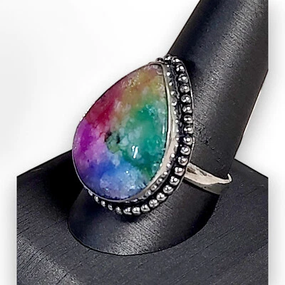 Anillo de cuarzo solar arco iris 925 para dama talla 11 hecho a mano Foto 1 de 4