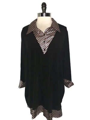 MAGGIE BARNES Plus Sz 2X 22W 24W Shirt Top Black Red Grey Layer Look 3/4 Sleeve - Image 1 of 4